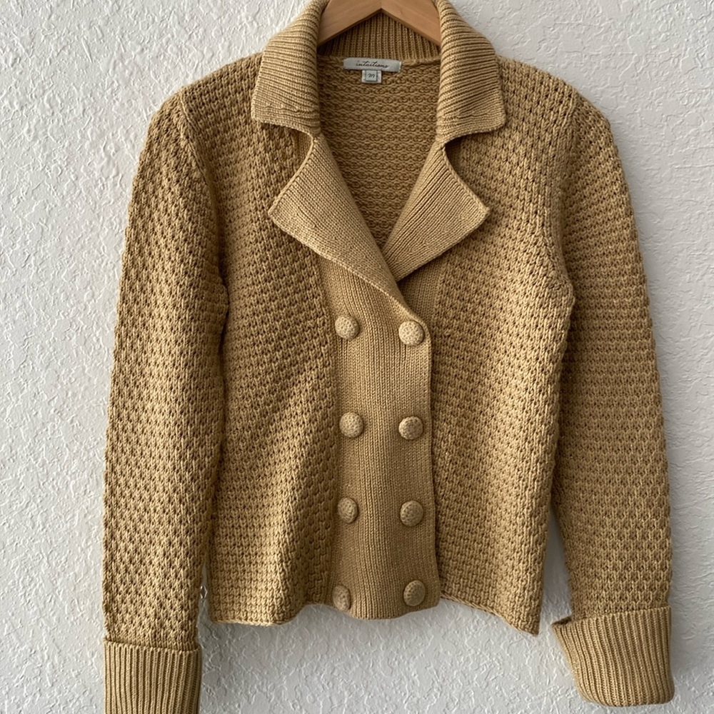 Camel / Tan color Cardigan Sweater with gold shine.  Size Medium.
